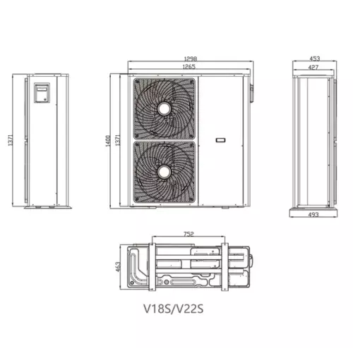 Technical drawing of an outdoor HVAC unit.