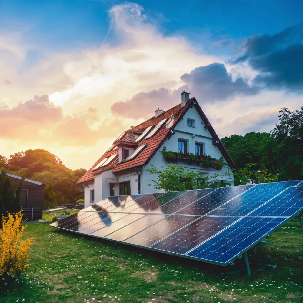 Sunset over eco-friendly house with solar panels
