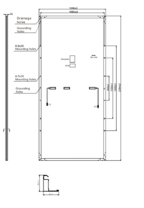 Electrical enclosure technical blueprint with dimensions and holes.