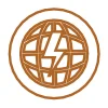 Bronze globe logo with stylized lightning bolt.