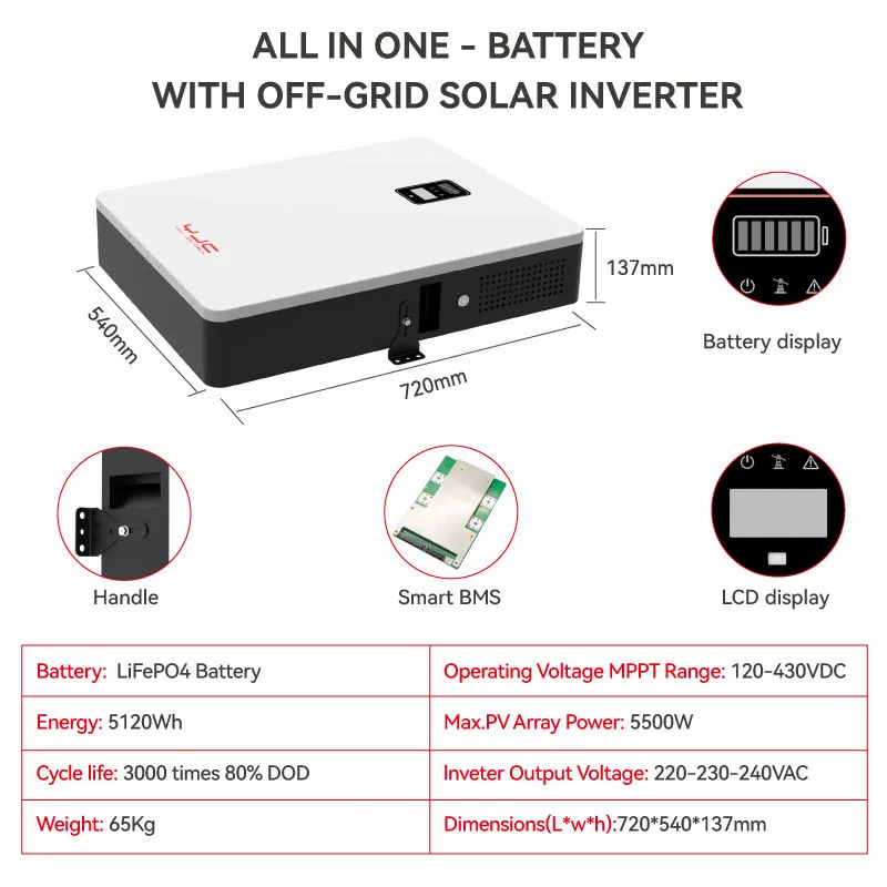 Off-grid solar inverter with integrated battery and smart features.