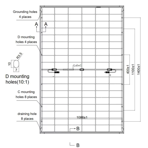 Technical diagram of a grid panel with labeled mounting holes.