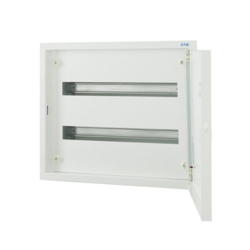 White electrical panel box with slots and brand logo.