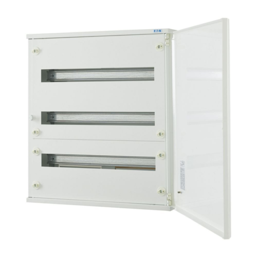 White electrical distribution board with transparent door.