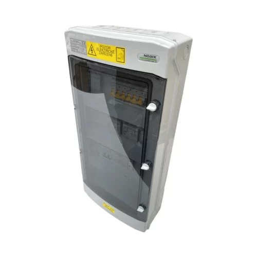 White electrical distribution box with clear front panel.