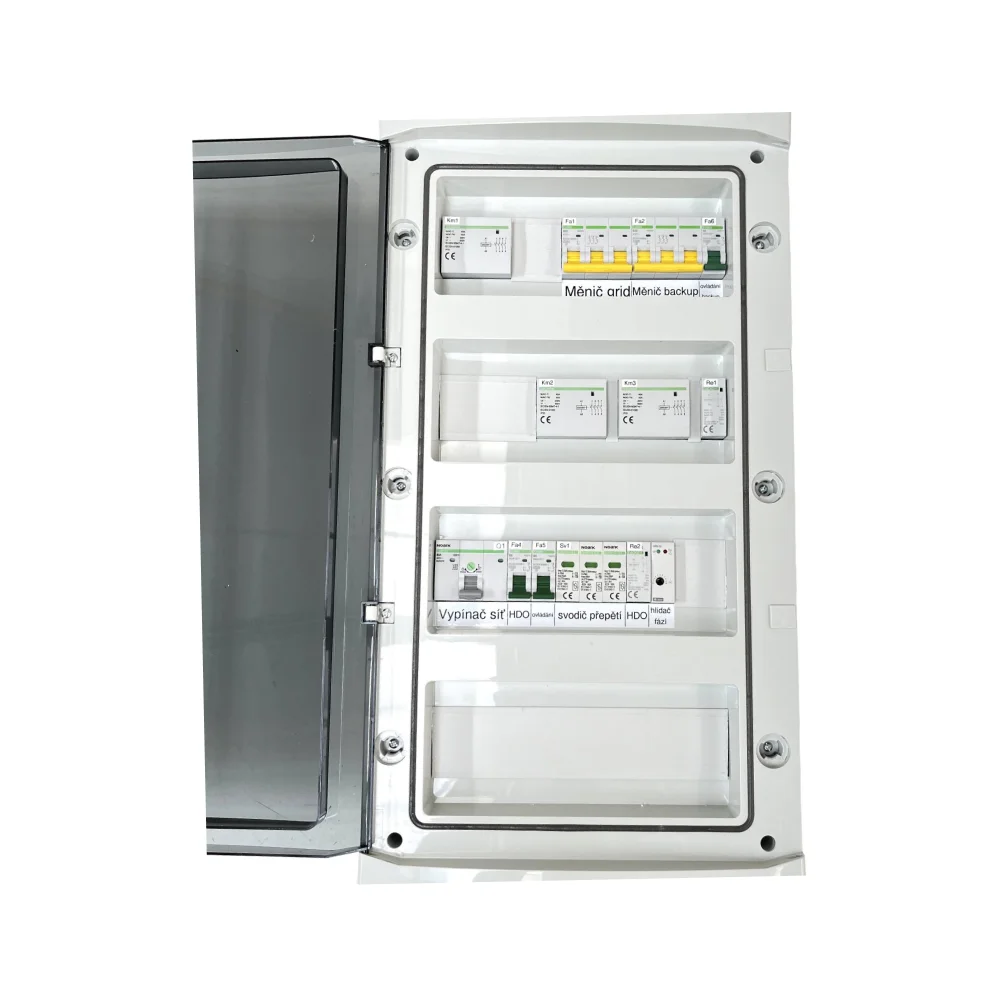 Wall-mounted electrical circuit breaker box, open.