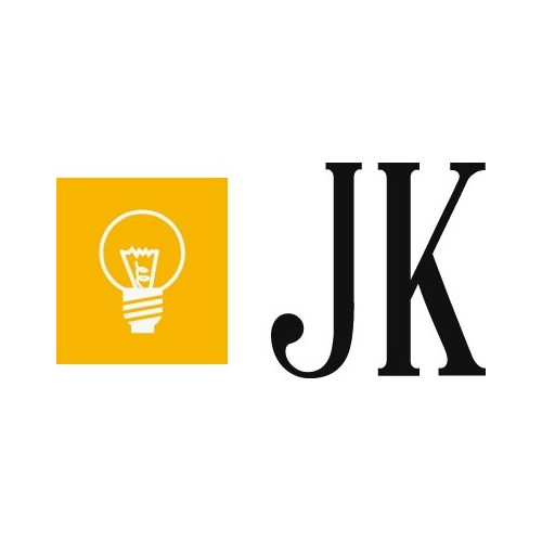 Logo with lightbulb and initials JK in black.
