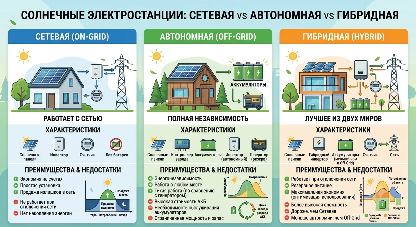 Инфографика сравнения сетевой, автономной и гибридной СЭС
