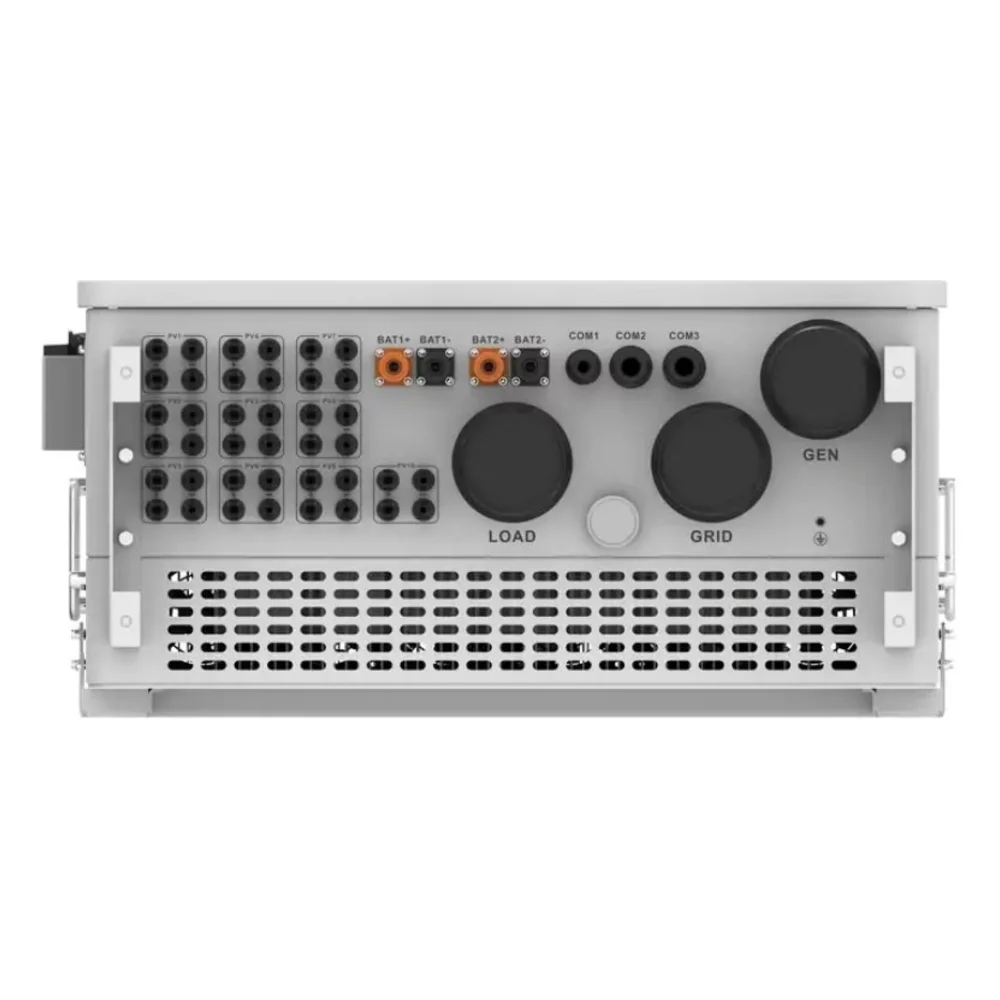 Гибридный инвертор deye sun 125k sg02hp3 eu gm10 125 кВт, 3 фазный, hv Задняя панель гибридного инвертора с разъёмами