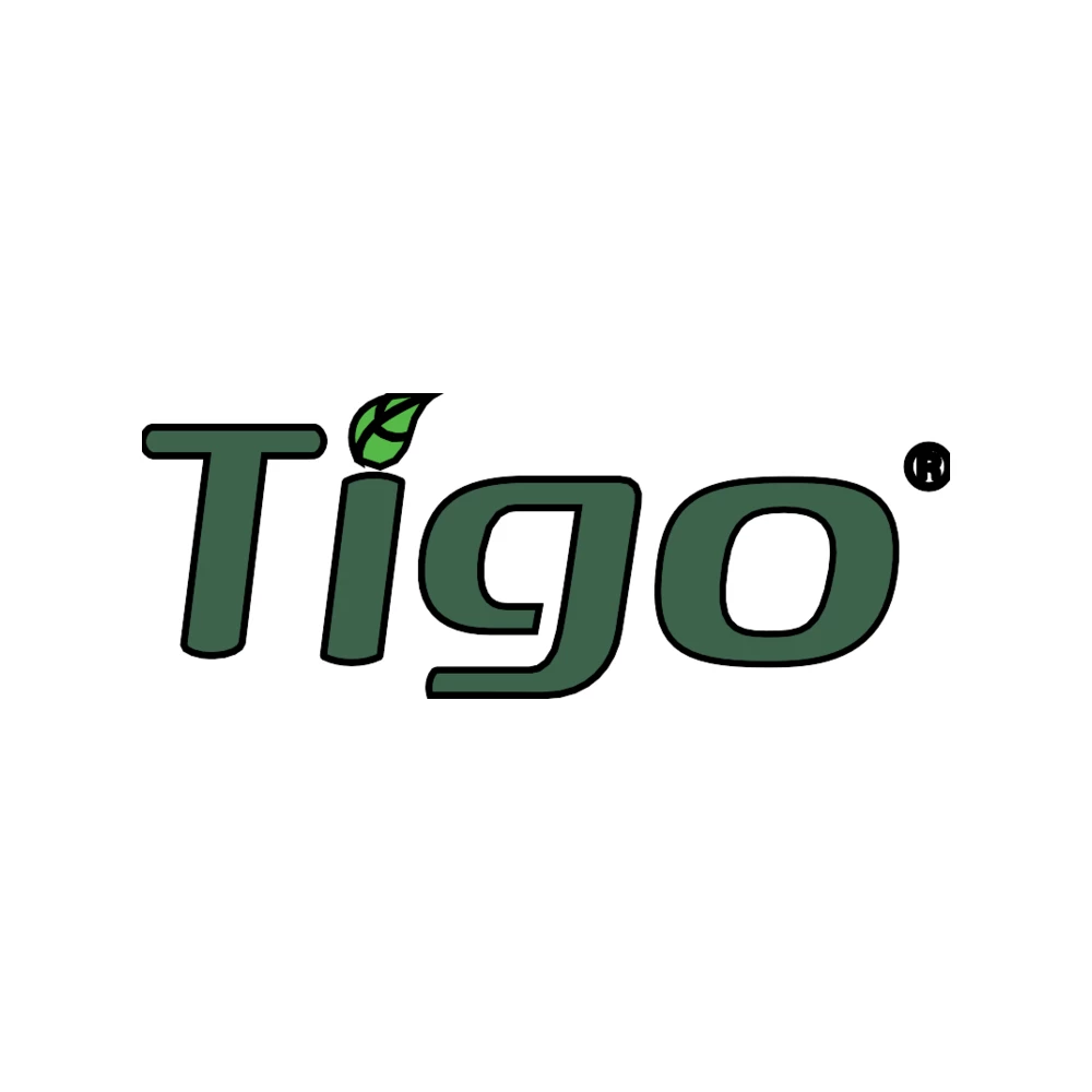 Зелёный логотип Tigo с листом над буквой i