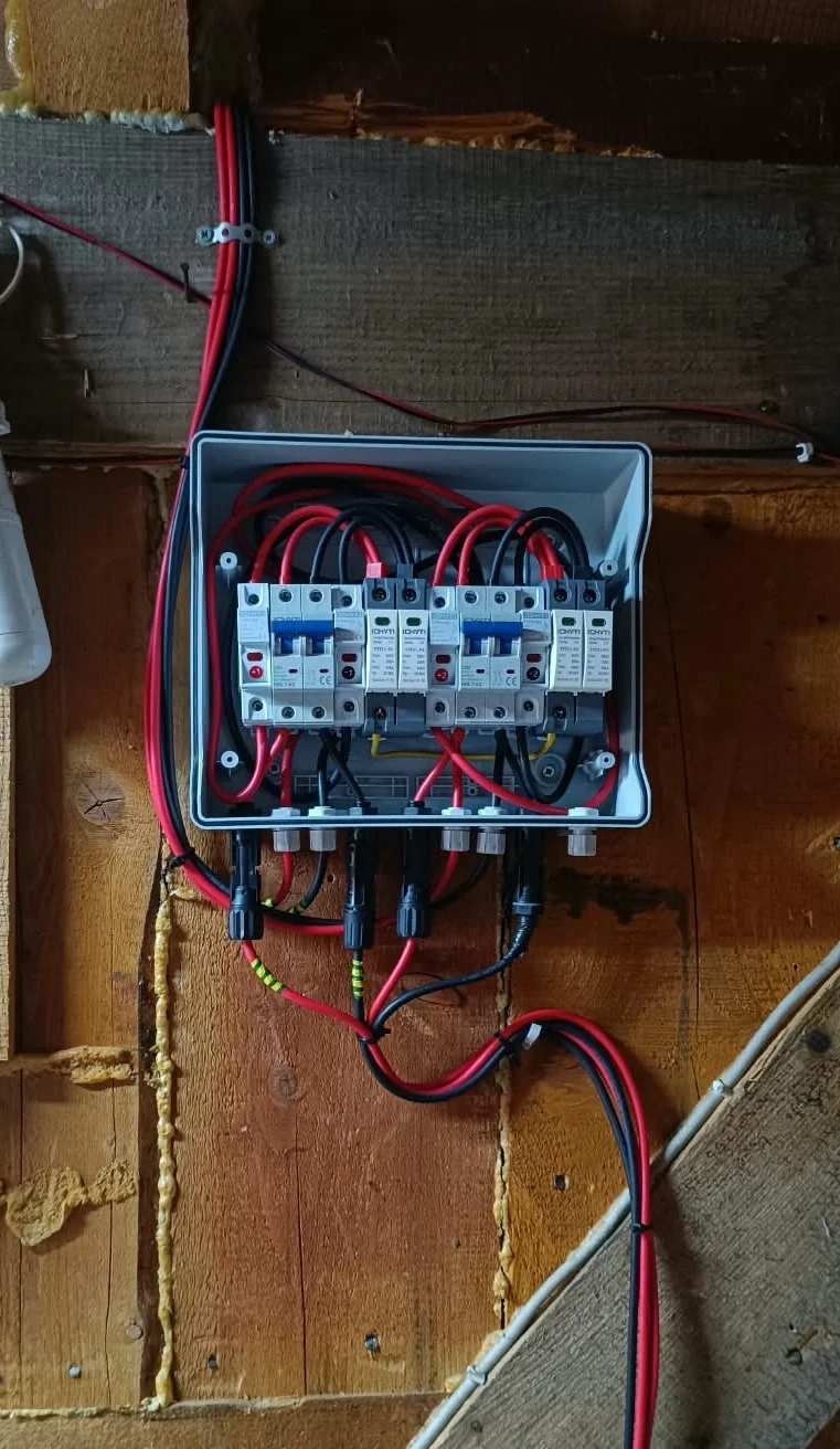 DC combiner box with breakers and surge protection connecting the solar panels to the EcoFlow